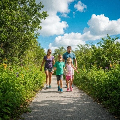Family hiking on a nature trail in Southwest Florida, smiling and enjoying the outdoors