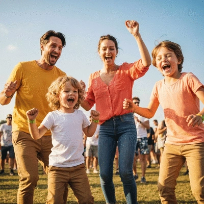 Family with children enjoying a music festival, laughing and dancing together