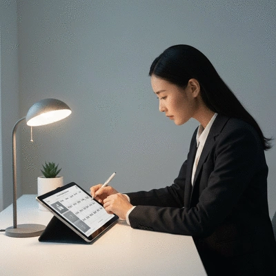 Professional looking at a digital calendar on a tablet, planning networking events