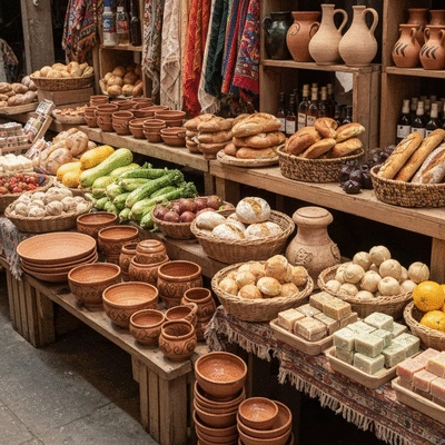 Diverse selection of products from local businesses, neatly arranged on a rustic wooden table