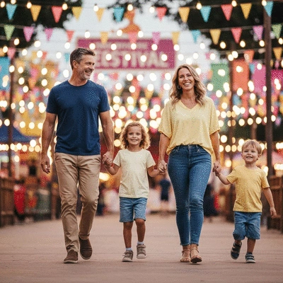 A family happily walking towards a festival entrance