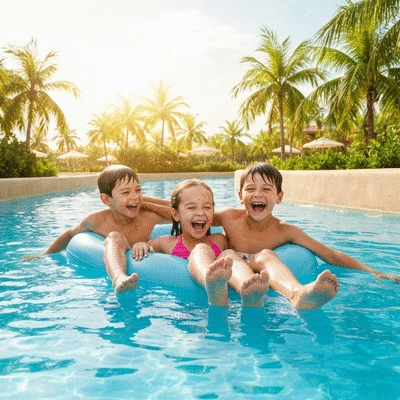 Family enjoying a lazy river ride at a water park, sunny day, palm trees