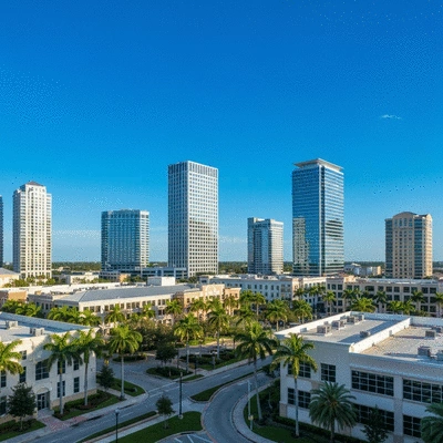 Modern business district in Southwest Florida with palm trees and blue sky, representing economic growth