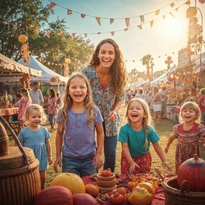 Family enjoying a seasonal festival in Southwest Florida, with children laughing and interacting with festival activities