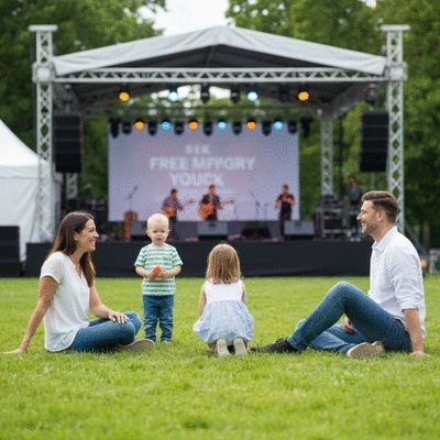Family enjoying a free outdoor concert in a park, with children playing and parents smiling, no text, no words, no typography