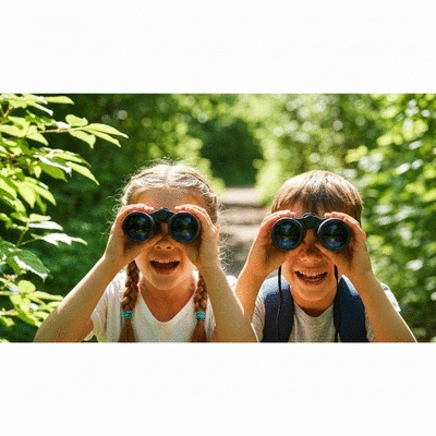 Two children looking through binoculars on a nature trail, smiling with curiosity