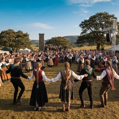 People enjoying a vibrant Celtic festival with music and dancing