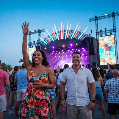 Diverse crowd enjoying an outdoor concert in Fort Myers, Florida, with a stage in the background
