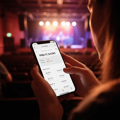 People checking event schedules on a mobile phone for tribute shows