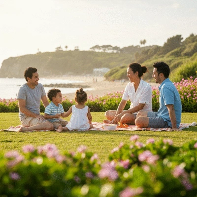 Family enjoying an outdoor meal at a vibrant restaurant with kids playing nearby