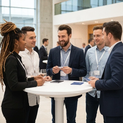 Diverse group of professionals networking at a business event, exchanging cards and smiling