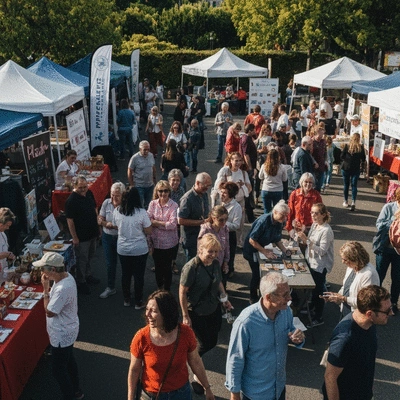 Community event supporting local businesses, with people interacting at stalls and smiling faces