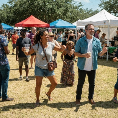 Diverse group of people enjoying an outdoor community festival in Southwest Florida, with music and food stalls, no text, no words, no typography