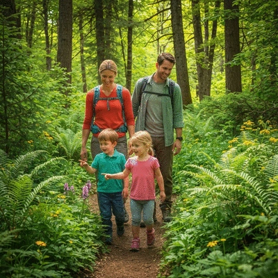 Family with two children exploring a nature trail, looking at plants and pointing with curiosity