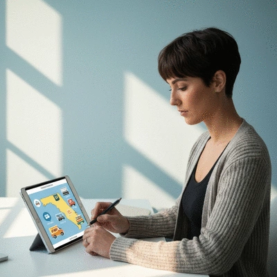 A person planning events on a tablet with a map of Southwest Florida and event icons