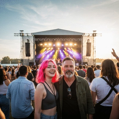 Diverse crowd enjoying an outdoor music festival with a stage in the background and vibrant lighting