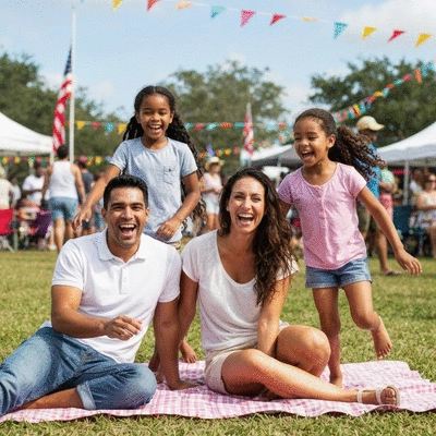 Family enjoying a festival in Southwest Florida, with vibrant colors and happy faces