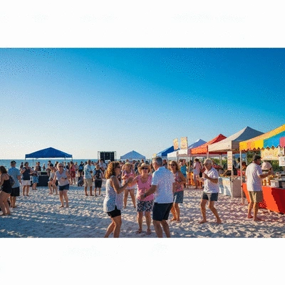 People enjoying a lively beach festival in Southwest Florida with live music and food stalls