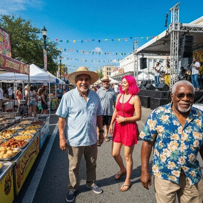 Diverse group of people enjoying a vibrant festival in Southwest Florida, with food stalls and live music in the background