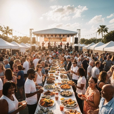Busy seafood festival with people enjoying food and live music in Southwest Florida