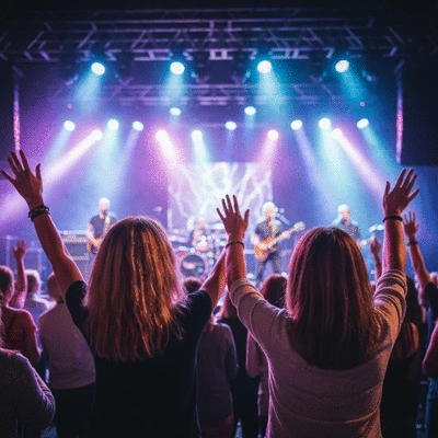 Audience enjoying a live tribute band concert with stage lights