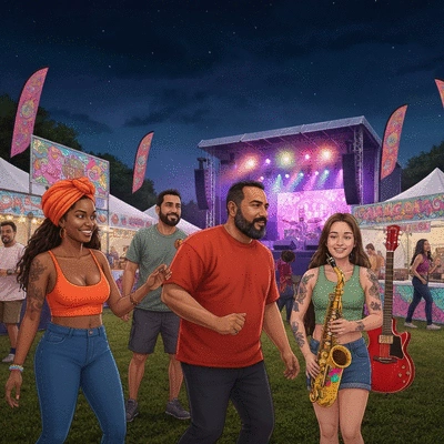 Diverse group of people enjoying an outdoor music festival in Southwest Florida, with musical instruments and vibrant lighting