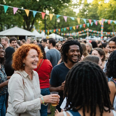 A diverse crowd of people smiling and interacting at a community festival, showcasing positive engagement