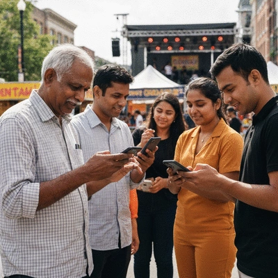 People subscribing to an event newsletter on their mobile devices with a vibrant event background