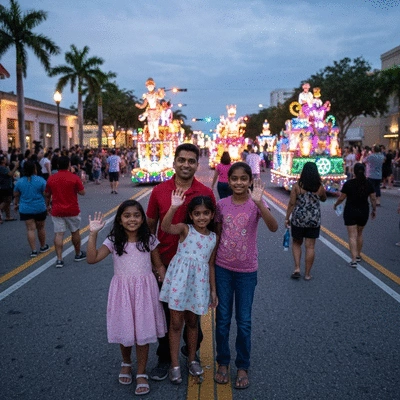 Families enjoying the Grand Parade of Light at the Edison Festival in Fort Myers, with bright floats and happy crowds