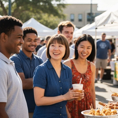Family enjoying seafood and activities at a festival in Southwest Florida